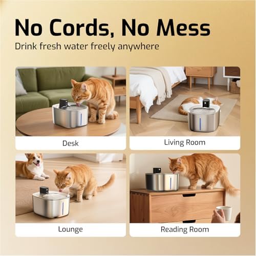 Wireless Cat Water Fountain Stainless Steel,135floz/4L Battery Operated Automatic Pet Fountain,Cordless Cat Water Dispenser Pet Water Fountain for Cats Dogs Pets Outdoor - Image 3