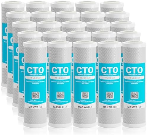 Max Water 5 Micron 10 x 2.5 CTO Carbon Water Filter Cartridge for Whole House Filtration Systems Compatible with WHEF-WHWC, WHCF-WHWC, FXWTC, AMZN-SCWH-5, CTO10, 25-Pack by MaxWater