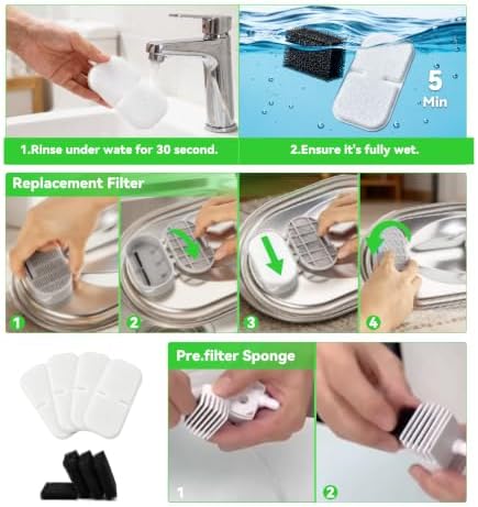 Cat Water Fountain Filter Replacement: 4 Carbon Filters & 4 Foam Sponges Kitty Spout Pump Filters for 108Oz/3.2L & 67Oz/2L Stainless Steel Pet Water Dispenser Cat Dog - Image 5