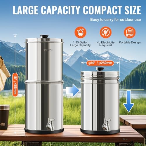 VEVOR Gravity-fed Water Filter System, 1.5G 304 Stainless-Steel Countertop System, Water Filtration System, Reduces Lead and up to 99% of Chlorine, with 2 Carbon Filters & Spigot, for Home Camping RV - Image 5