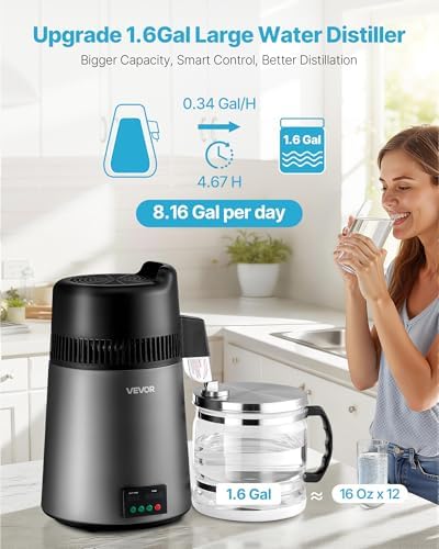 VEVOR Water Distiller, 6L/1.6 Gallon Larger Pure Water Purifier Filter for Home Table Countertop, 900W Glass Pot Distilled Maker, Stainless Steel Interior Drinking Machine to Make Clean Water - Image 2