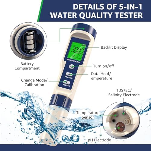 Pool Salt Tester & PH Meter - 5-in-1 Digital TDS Meter for Salinity PH Temp and EC, 0.01 High Accuracy, Swimming Pool, Hydroponics, Aquarium, Hot Tub, PPM Meter for Pool, Drinking Water, Wine, Food - Image 3