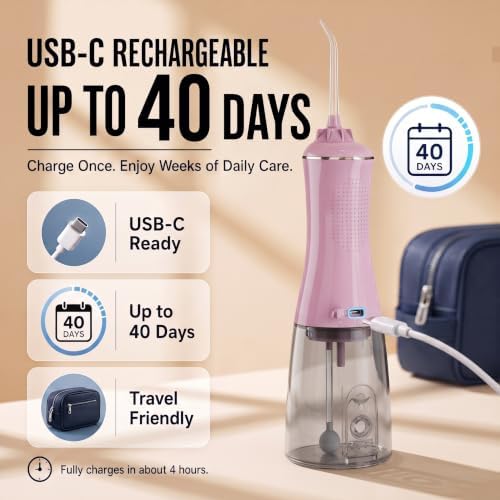 MOCEL Water Dental Flosser for Teeth - 350ML Large Tank 5 Modes & 6 Tips Cordless, Oral Irrigator Waterproof, Portable Teeth Cleaning and Flossing with Effective Plaque Remover for Adults (Pink) - Image 3