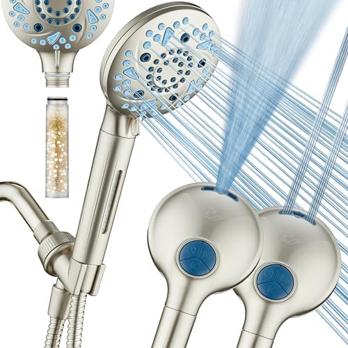AquaCare High Pressure 10 Spray Mode Filtered Showerhead - Handheld Shower Head Filters Chlorine to Heal Dry Skin, Revive Hair - Dual Power Wash Cleans Tub, Tile, Pets - Hard Water Softener, Nickel by HotelSpa