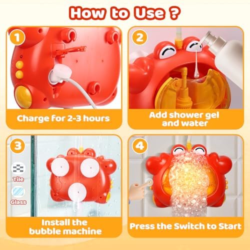 Bath Toys for Kids Ages 1-3 4-8 Rechargeable Bath Bubble Machine 2 in 1 with Baby Shower Head Light Up Crab Bath Toys with Colourful RGB Light for Toddler Boys and Girls - Image 6