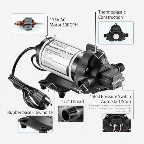 WASSERMANN RV Water Pumps 115V AC Pressure Pump with Pressure Switch, Self-priming Water Pump 4.0GPM 45PSI, Fresh Water Pump for RV, Kitchen Barthroom Camping Marine Yacht Garden Diaphragm Pump115volt - Image 3