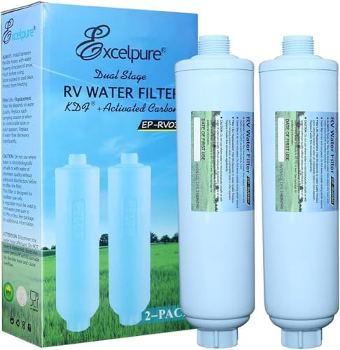 EXCELPURE RV Inline Water Filter with Anti-Kink Hose, 3/4" Garden Hose Thread, NSF/ANSI 42 Certified, Reduces Chlorine, Rust & Odor, Ideal for RVs, Campers, Gardening, Car Washing & Bath Filling, 2pk by EXCELPURE