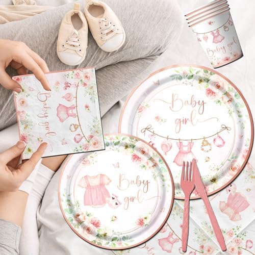 Rose Gold Baby Shower Tableware Set,Pink Girl Baby Shower Plates and Napkins Sets Include Baby Shower Plates Napkins Cups Floral Baby Girl Tablecloth for Girl Baby Shower Gender Reveal Party Supplies - Image 4