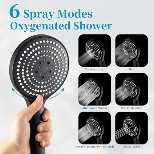 OFFO Handheld Shower Head Set, 6-Mode High Pressure Handheld Sprayer with 60" Shower Hose & Holder, High Flow Large Powerful Boosting Handheld Showerhead for Low Water Pressure, Matte Black - Image 3