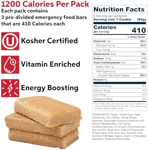 SOS Food Lab Emergency Provision Value Pack- 2 Food Ration 1200 Calorie Bars (Shortbread Cookie) PLUS 12 Water Pouches - Ready to Eat Supply for Camping, Hiking, Disaster Preparedness- 5 Yr Shelf life - Image 2