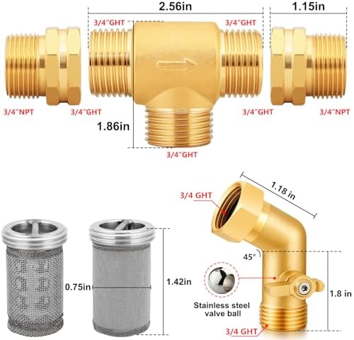 T Line Strainer Garden Hose Filter with 100 Mesh and 40 Mesh Screen and 2 PCS GHT to NPT Adapter Pressure Washer or Heater Inlet for RV Camping Car Wash On Pipe Strainer (with Valve) - Image 2