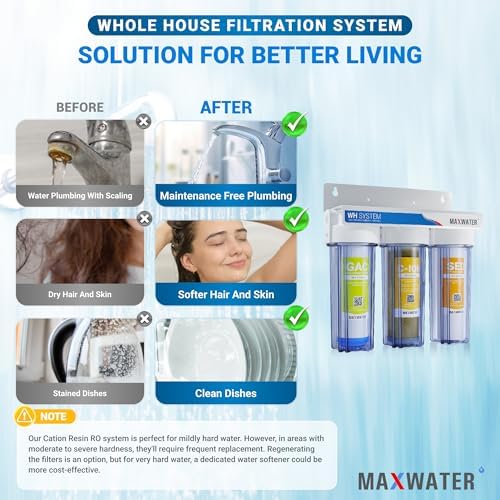Max Water 3 Stage Water Softening10 inch Standard Water Filtration System for Whole House - Sediment + Cation Resin + GAC - ¾ Inlet/Outlet - Model : WH-SC8 - Image 6