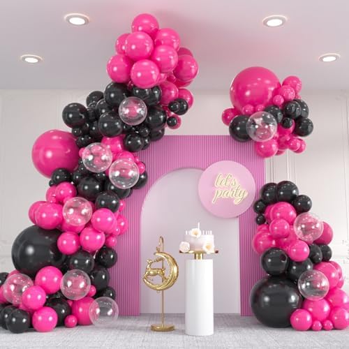 136pcs Hot Pink Black Balloon Arch Kit with Clear Balloons by ZizasAry
