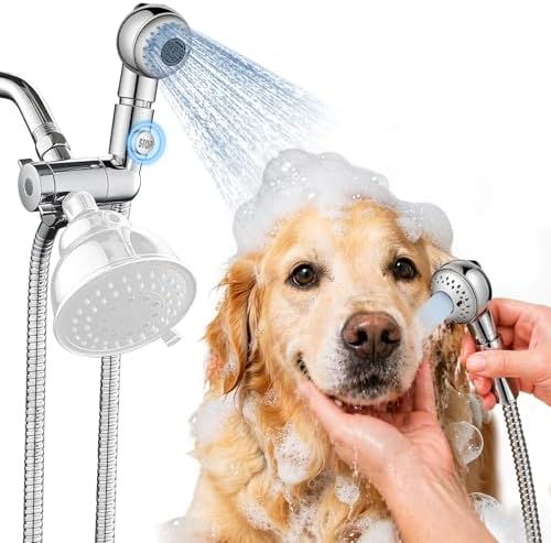 Quiet Dog Shower Attachment with One-Button Pause, 2-Mode Mini Pet Shower Head for Nervous Dog Bath& Dog Head, 98'' Long Hose, Palm-Size Design, Gentle Water Flow Perfect for Cat, Fits Shower Arm Only by Unknown