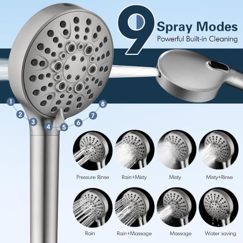BRIGHT SHOWERS Filtered Shower Head with Handheld, High Pressure 9 Spray Mode Showerhead with Long Hose and Bracket, Water Softener Filters Beads for Hard Water - Removes Chlorine, Brushed Nickel - Image 2