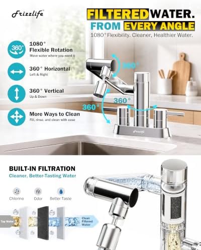 Frizzlife MF1080-D 4 Inch Centerset Bathroom Sink Faucet and Kitchen Sink Faucet with Carbon Block Water Filter, NSF/ANSI 372 Certified, 1080° Rotatable, 2-Handle, Stream/Spray, 304 Stainless Steel - Image 2