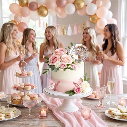 Flower Cake Toppers, Happy Birthday Rose Gold Cake Decorations with Artificial Flowers Butterfly Balls for Wedding Baby Shower Birthday Party Supplies (Pink) - Image 6