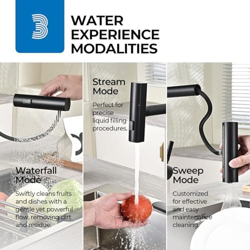 WEWE Waterfall Kitchen Faucet, Pull-Down Sprayer, Matte Black, 3-Mode - Image 3