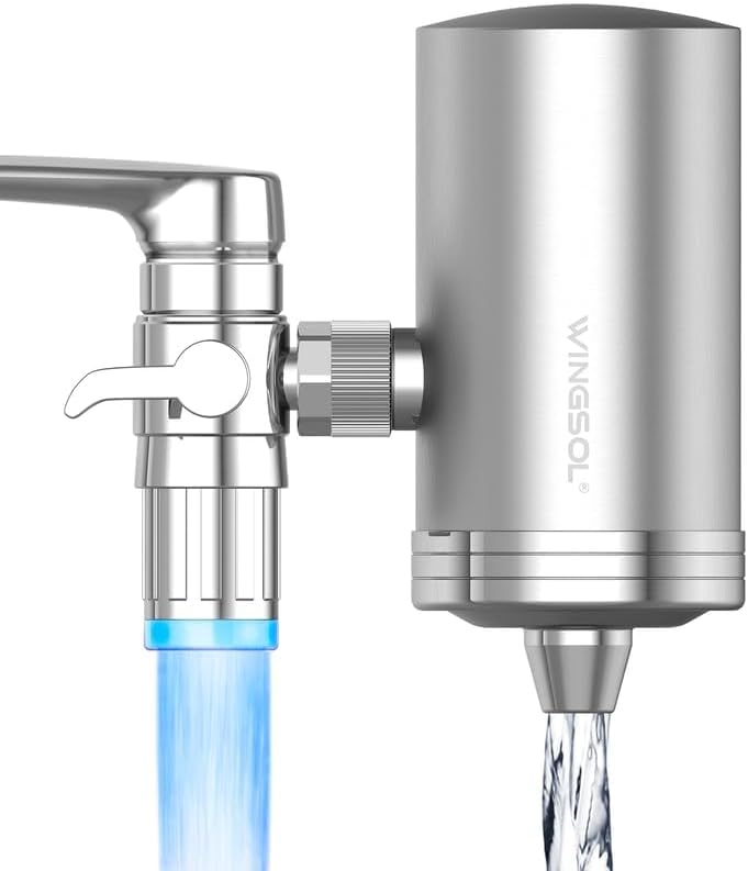 WINGSOL Stainless Steel Water Filter for Sink Faucet, Temp. Sensor LED Light, NSF/ANSI 42&53, 360° Rotating Tap Purifier Reduce PFAS, Lead, Chlorine & Microplastics, 350 Gallons Long-Lasting by WINGSOL