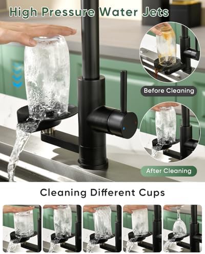 Kitchen Faucet with Cup Washer Pull Down Sprayer Stainless Steel Kitchen Sink Faucet with Deck Plate Glass Rinser Single Hole Black - Image 5
