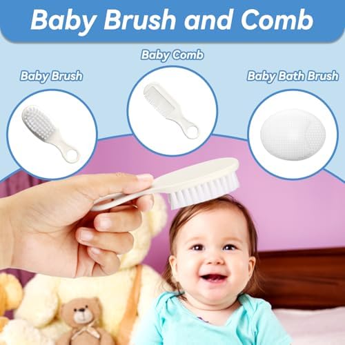 Baby Healthcare and Grooming Kit, 14 in 1 Baby Safety Set Newborn Nursery Health Care Set with Hair Brush Scale Nail Clippers for Baby Girls Boys (14 Kits Grey White) - Image 3