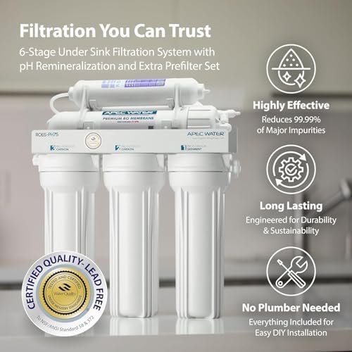 APEC Water Reverse Osmosis Water Filter System, WQA Certified, 6-Stage with Alkaline Mineral pH+ and Extra High Capacity Pre-Filter Set Stage 1-3, Ultra Safe Essence Series, 75 GPD - Image 2