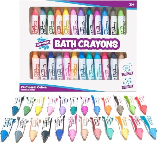 Tub Works® Smooth™ Bath Crayons Bath Toy, 24 Pack | Nontoxic, Washable Bath Crayons for Toddlers & Kids | Unique Formula Draws Smoothly & Vividly on Wet & Dry Tub Walls | Hexagon Grip Bathtub Crayons by TubWorks