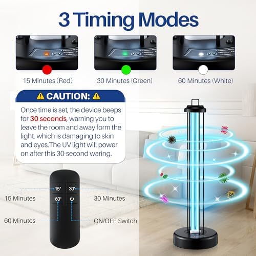 Qualirey 100W UV Light with Ozone Purifier for Room, UV Lamp with 3 Gear Timer Remote Control, UVC Light for Large Space, Cleaning Faster and More Thoroughly - Image 4