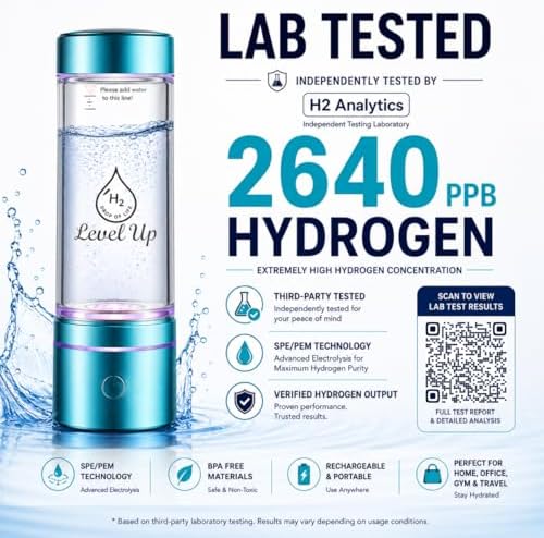 LevelUpWay Hydrogen Water Bottle Generator, 2640 PPB Lab Tested Hydrogen Water Maker, Dual Chamber SPE/PEM Technology, Portable Rechargeable Hydrogen Rich Water Bottle - Image 2