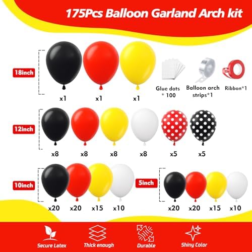 175Pcs Red Yellow Black Balloon Garland Arch Kit - Cartoon Mouse Theme Party Decorations with 18 12 10 5 Different Sizes Party Balloons for Birthday Anniversary Baby Shower Backdrop Decorations - Image 2