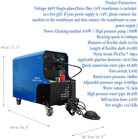 Central Air Conditioner Pipeline Cleaning Machine for 0.24″-0.79″ Pipe, 110V/220V 370W Condenser Pipe Descaling Machine with High-Pressure Water Gun & Foot Switch & 24.93ft Flexible Shaft - Image 2