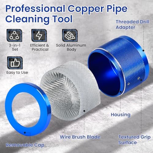 Copper Pipe Cleaner Set, Fits 1”, 3/4”, 1/2” Copper, Iron & Aluminum Pipes, Handheld or Drill Compatible, Metal Tube Cleaning Brushes with Replaceable Blades - Image 3