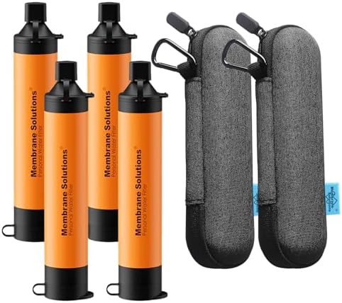 4 Pack Personal Water Filter Straw Orange Bundle with 2Pcs Carrying Case Protective Covers by MembraneSolutions