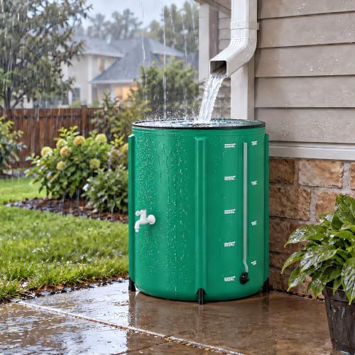 Outvita 50 Gallon Collapsible Rain Barrel with Volume Mark, Rainwater Collection System, Portable Foldable Garden Water Storage Tank, Water Container with Filter Overflow Kit Faucet Green by Outvita