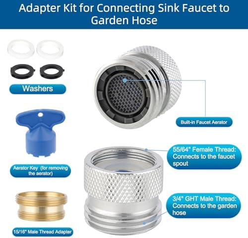 Hibbent Faucet to Garden Hose Adapter Kit, Female to Male Sink Brass Garden Hose Attachment with Washer & Aerator Key, Chrome - Image 2