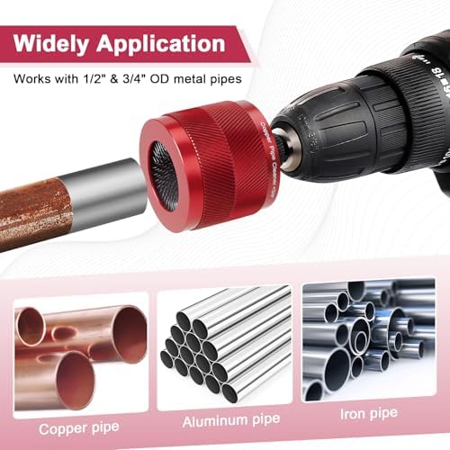 Copper Pipe Cleaner for Drill, Plumbing Tools Set 1/2" & 3/4" with 1/4" Hex Shank & 6 Brush Blades & 2 Pipe Brush, for Removing Rust, Stains & Paint from Copper & Metal Pipes, Red, Metal Cleaning Kit - Image 4