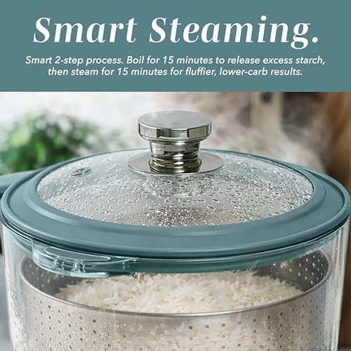 COOK WITH COLOR Glass Mini Low Carb Rice Cooker – Holds 2 Cups Raw/Makes 6 Cups Cooked with Auto Lift Filter Basket, Hotpot & Steamer for Rice, Grains, Digital Panel with Keep Warm, Slate Blue - Image 5
