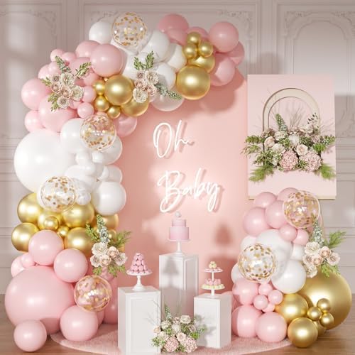 Pink White Gold Balloon Arch Kit, 138Pcs Birthday Decor by NUTTYBASH