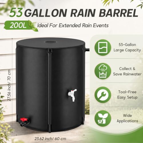Waydress 53 Gallon Collapsible Rain Barrel, Portable Rainwater Collection System with Spigots, Mesh Filter & Overflow Kit, Leak-Proof Foldable PVC Water Storage Tank for Garden, Car Washing (Black) - Image 2