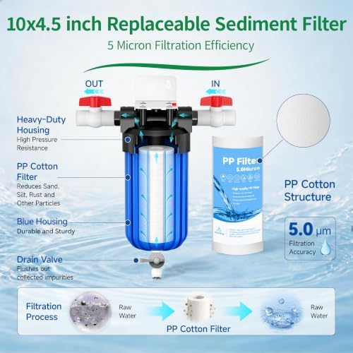 Whole House 10"x4.5" Blue PP Sediment Pre-Filter Housing with Drain Valve - Image 3