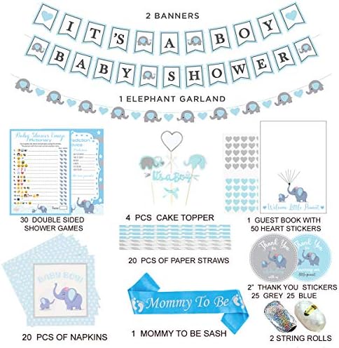 697 Piece Blue Elephant Baby Shower Decorations for Boy Kit - It's a BOY Pre-Strung Banners, Garland Guestbook Mommy to Be Sash Balloons Cake Toppers Fans Lantern Napkins Straws Games & Favor Stickers - Image 2
