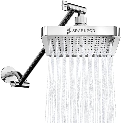 SparkPod Square Rain Shower Head with Extension Arm - Height Adjustable Shower Head with High Pressure Performance - Easy 1-Minute Installation (6" Square, Luxury Polished Chrome) by SparkPod