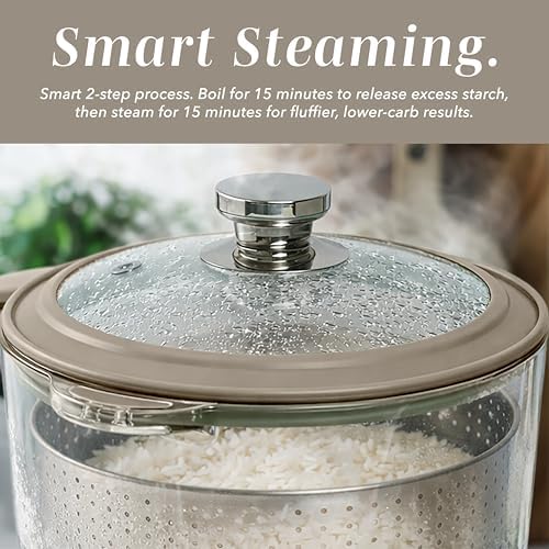 COOK WITH COLOR Glass Mini Low Carb Rice Cooker – Holds 2 Cups Raw/Makes 6 Cups Cooked with Auto Lift Filter Basket, Hotpot & Steamer for Rice, Grains, Digital Panel with Keep Warm, Greige - Image 5