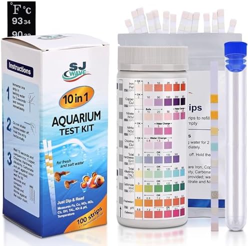 10 in 1 - Aquarium Test Strips | 100 Fast & Accurate Strips | Fish Tank Aquariums Water Test Kit & ebook | Aquarium Thermometer | Fish Tank Water Testing Kit for Fresh & Saltwater | Versatile Usage by SJWAVE