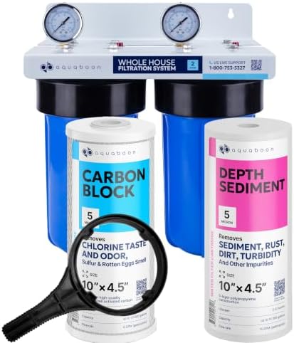 Aquaboon 2-Stage Whole House Water Filter System with 5 Micron 10x4.5 House Water Purification Reducing Sediment and Odors, Carbon Chlorine Reduction Filter (CTO), Pressure Gauge, Wrench, Bracket by Aquaboon