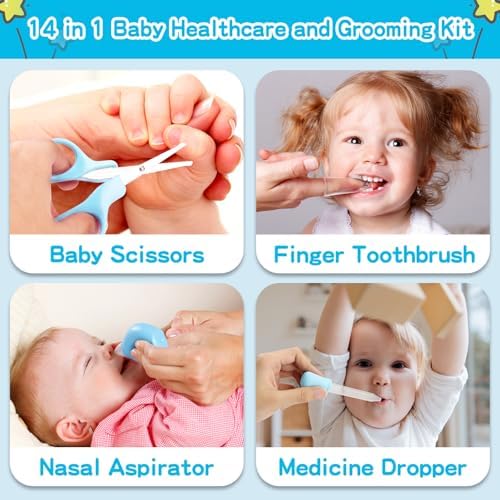 Baby Grooming Kit，Infant Safety Care Setwith Hair Brush Comb Nail Clipper Nasal Aspirator, Baby Essentials Kit for Newborn Girls Boys (14 PC-Blue Kit) - Image 4