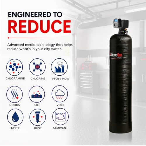 LiquaGen Whole House Water Filter System for City Water – Catalytic Carbon & KDF 55 Media – Reduces Chlorine, Chloramine & Taste– POE with Metal Bypass Valve (13" x 54") - Image 2