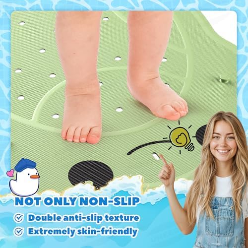 UNEEDE Kids Bath Mat & Bathtub Toy Holder Bundle Kit | Non-Slip Frog Shower Mat + Wall-Mounted Mesh Organizer with Drain Holes | Baby Bath Safety Essentials (30"x18" + 4.15 Gallons) - Image 4