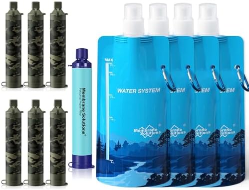 Membrane Solutions Squeezable Water Filtration System, Survival Water Purifier Kit, Portable Backpacking Gear Including Water Filter Straw and 23oz Collapsible Bottle for Hiking Camping Travel(7+4) by MembraneSolutions