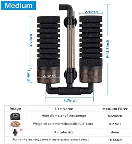 hygger Sponge Filter, Aquarium Filter Double Sponge Replaceable Media with 4 Biochemical Sponges and 1 Bag of Filtered Ceramic Balls Ultra Quiet Filter Fish Tank (S/M) (M for 15 to 55 Gallon Tank) - Image 6